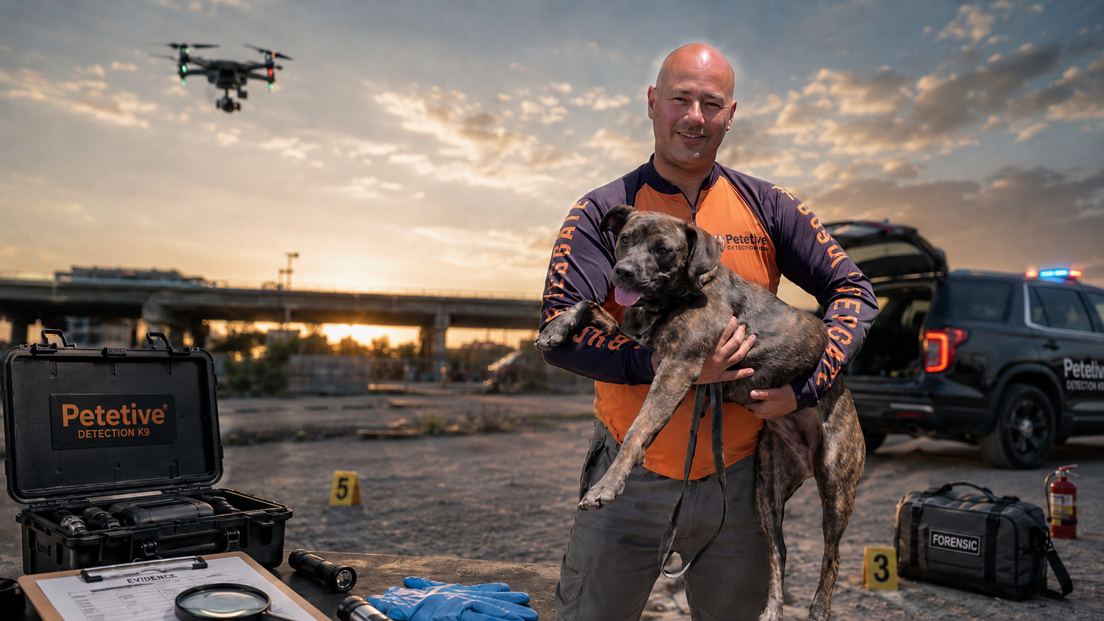Armando Lourenço Júnior segurando um cão, com equipamentos de investigação, drone e viatura ao fundo